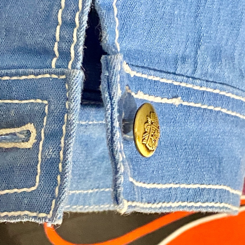 DG2 Diane Gilman L Blue Jacket White Topstitch denim Twill Fall Autumn - Picture 7 of 13